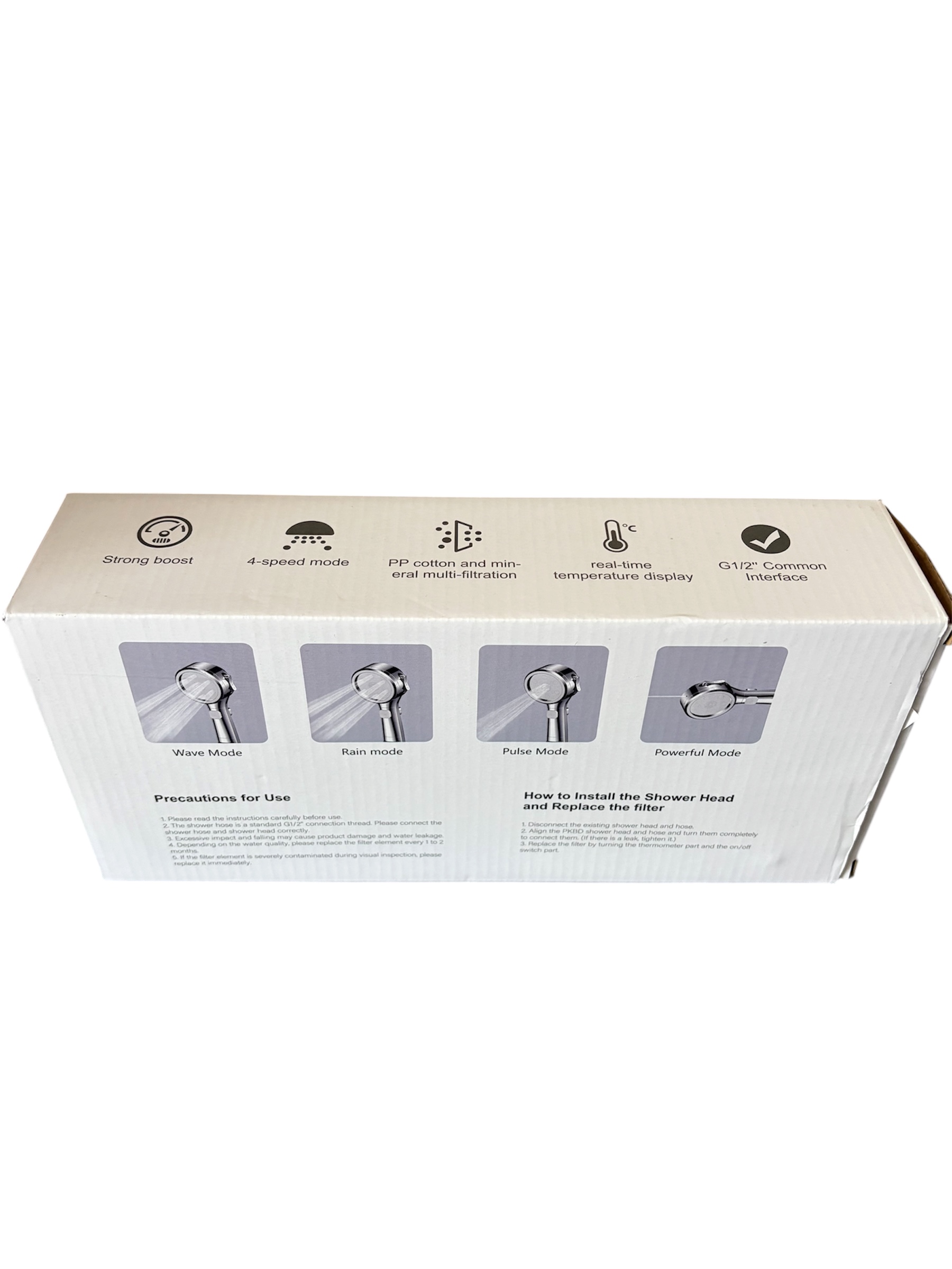 Hard water filter shower head box back